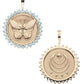 Jane Win's Pendant Necklace Collection features two gold coin pendants: one with a butterfly and blue stones, the other with crescent moons, a star, and "FREE"—meaningful jewelry for any occasion.