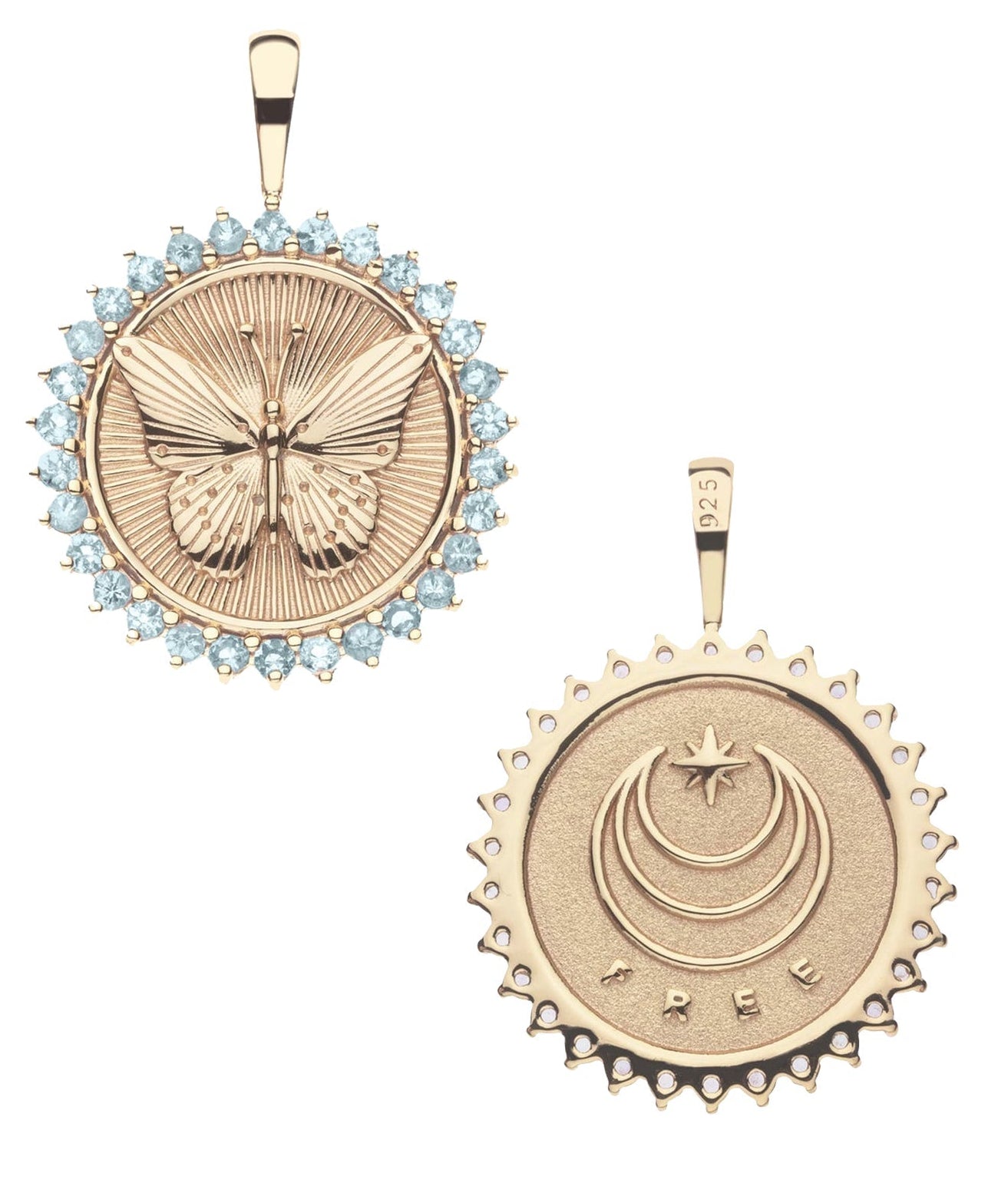Jane Win's Pendant Necklace Collection features two gold coin pendants: one with a butterfly and blue stones, the other with crescent moons, a star, and "FREE"—meaningful jewelry for any occasion.