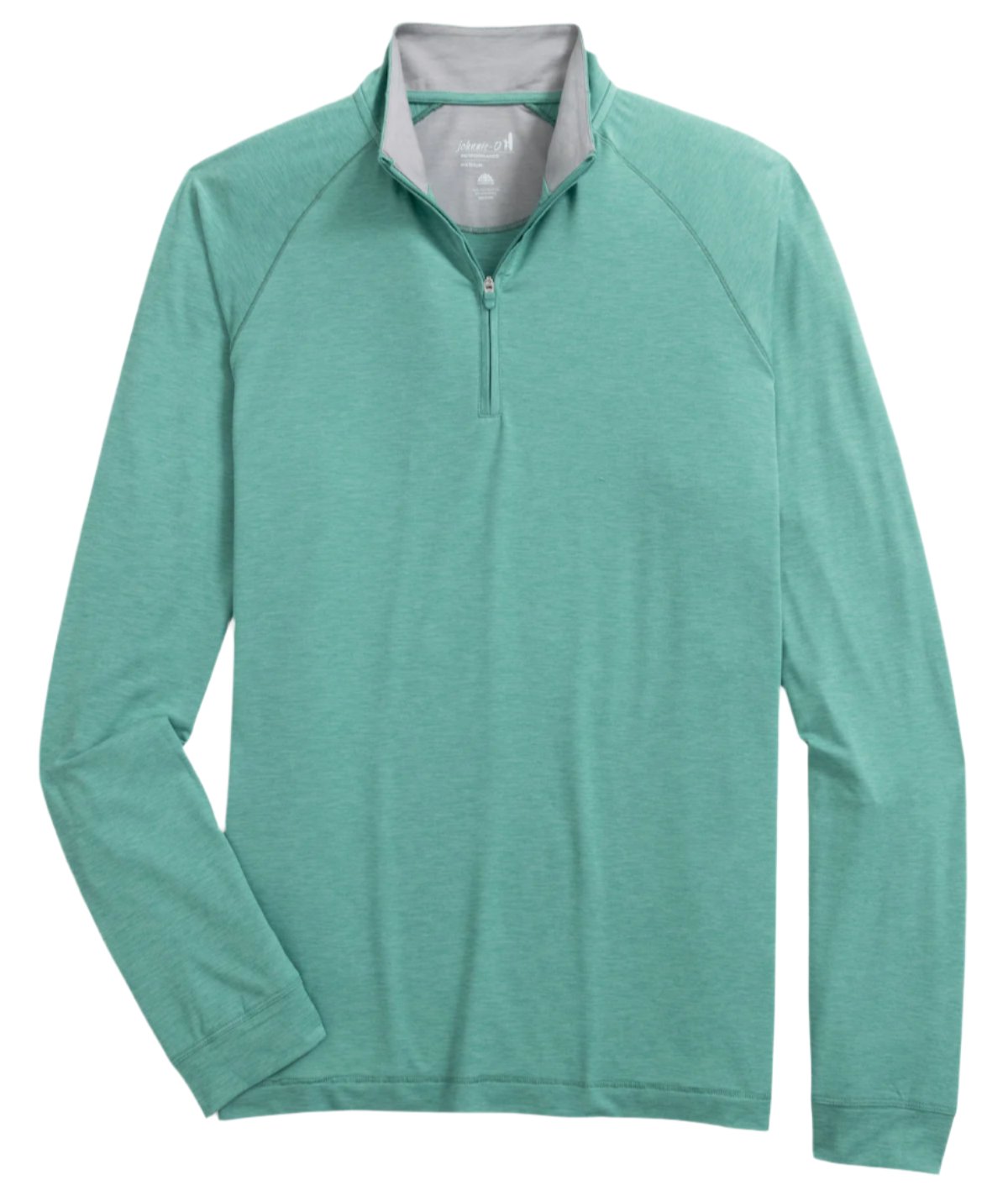 The Johnnie-O Freeborne Quarter Zip by Johnnie-O is a green, long-sleeve pullover shirt with a quarter-zip neckline, made from lightweight, moisture-wicking fabric and shown against a white background.