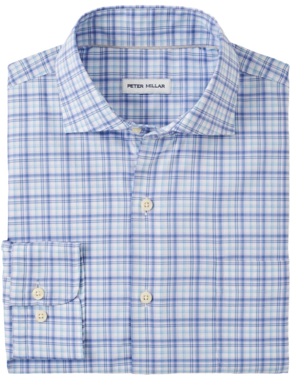 Folded Peter Millar Garrow Crown Lite Cotton Stretch Sport Shirt in blue and white plaid, featuring easy-care fabric and a label reading "Peter Millar.