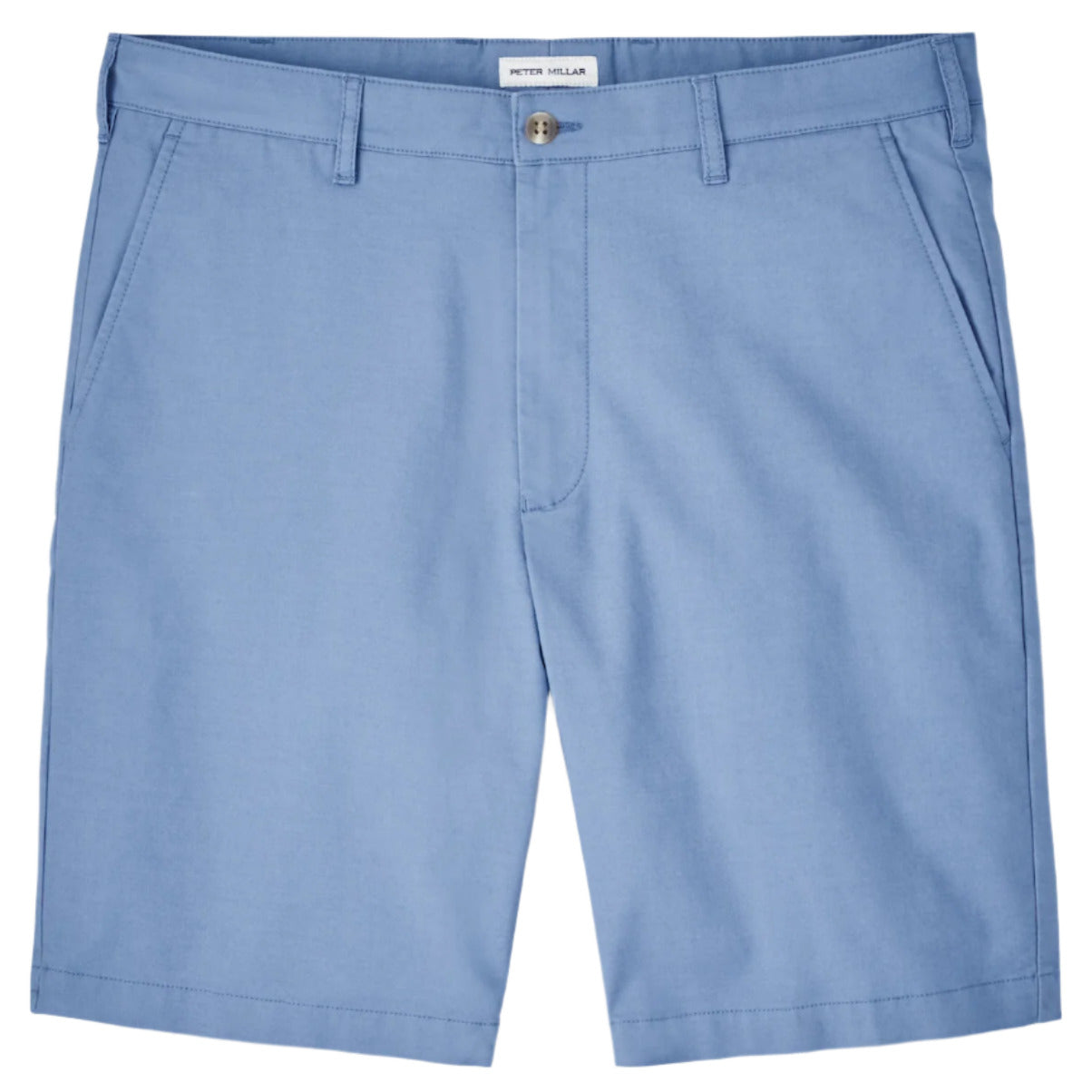 Explore the Peter Millar Crown Comfort Short in light blue, designed for men. Made from plain weave fabric, these shorts offer modern mobility and classic style with belt loops, a button, and a zipper closure. Perfect for any occasion.