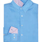 The Pink House Mustique Men's Plain Linen Shirt by Pink House Mustique is a folded light blue dress shirt featuring a pink patterned inner collar and cuffs. It boasts white buttons, a pointed collar, and a subtle contrast print for an elegant touch.