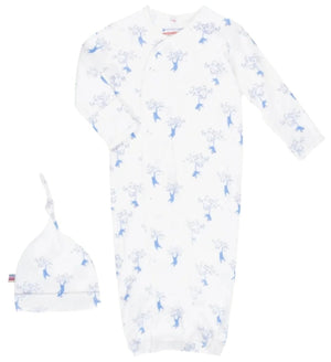 The Magnetic Me Love Our Friend-Chimp Gown and Hat Set by Magnetic Me is a white newborn sleeper gown made from organic cotton, featuring a charming blue floral pattern and comes with a coordinating hat.