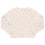 The Pink Chicken Girls' Katrina Sweater, a knitted white baby cardigan, features a charming diamond pattern and glitter button closure.