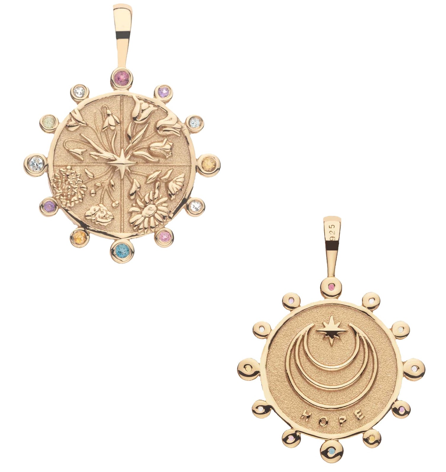 The Jane Win Pendant Necklace Collection includes two gold necklaces with gemstone accents: one with floral engravings and another coin design featuring crescent moons, a star, “HOPE,” and decorative gems—perfect as meaningful milestone jewelry.