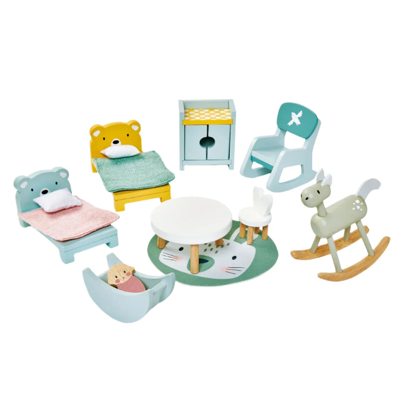 The Tender Leaf Dovetail Children's Room Furniture Set by Tender Leaf Toys is an ideal addition to wooden dollhouses, including two beds, a crib for infants, a rocking horse, a chair, a table, a cabinet, and a delightful rug to enhance any child's room.