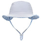 The Snapper Rock Seaside Gingham Reversible Bucket Hat is a light blue kids' hat with a chin strap and blue-and-white checkered brim lining. UPF50+ for sun safety, it's perfect for all outdoor adventures. Shown on a white background.