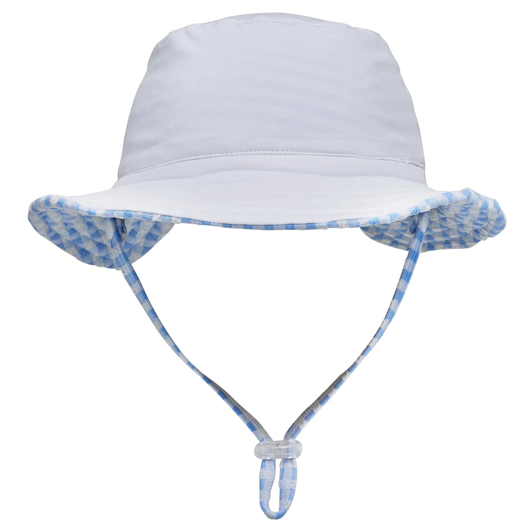 The Snapper Rock Seaside Gingham Reversible Bucket Hat is a light blue kids' hat with a chin strap and blue-and-white checkered brim lining. UPF50+ for sun safety, it's perfect for all outdoor adventures. Shown on a white background.