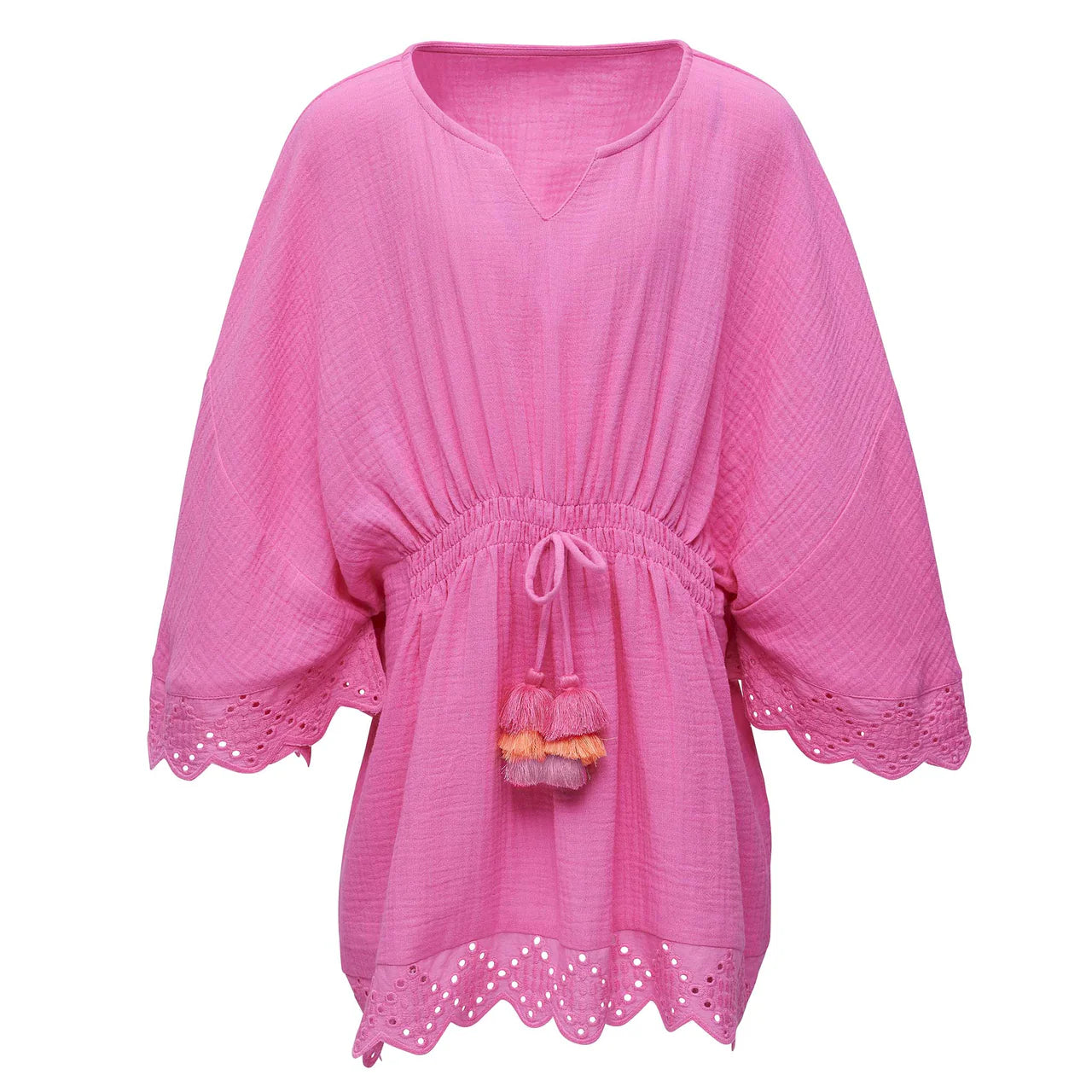 Snapper Rock's Bubble Gum Beach Cover Up: This pink cover-up tunic is designed with scalloped edges, an elastic waist, and a tie adorned with tassels. Crafted from a light pink fabric, its eyelet trim adds an elegant touch ideal for any sunny adventure.