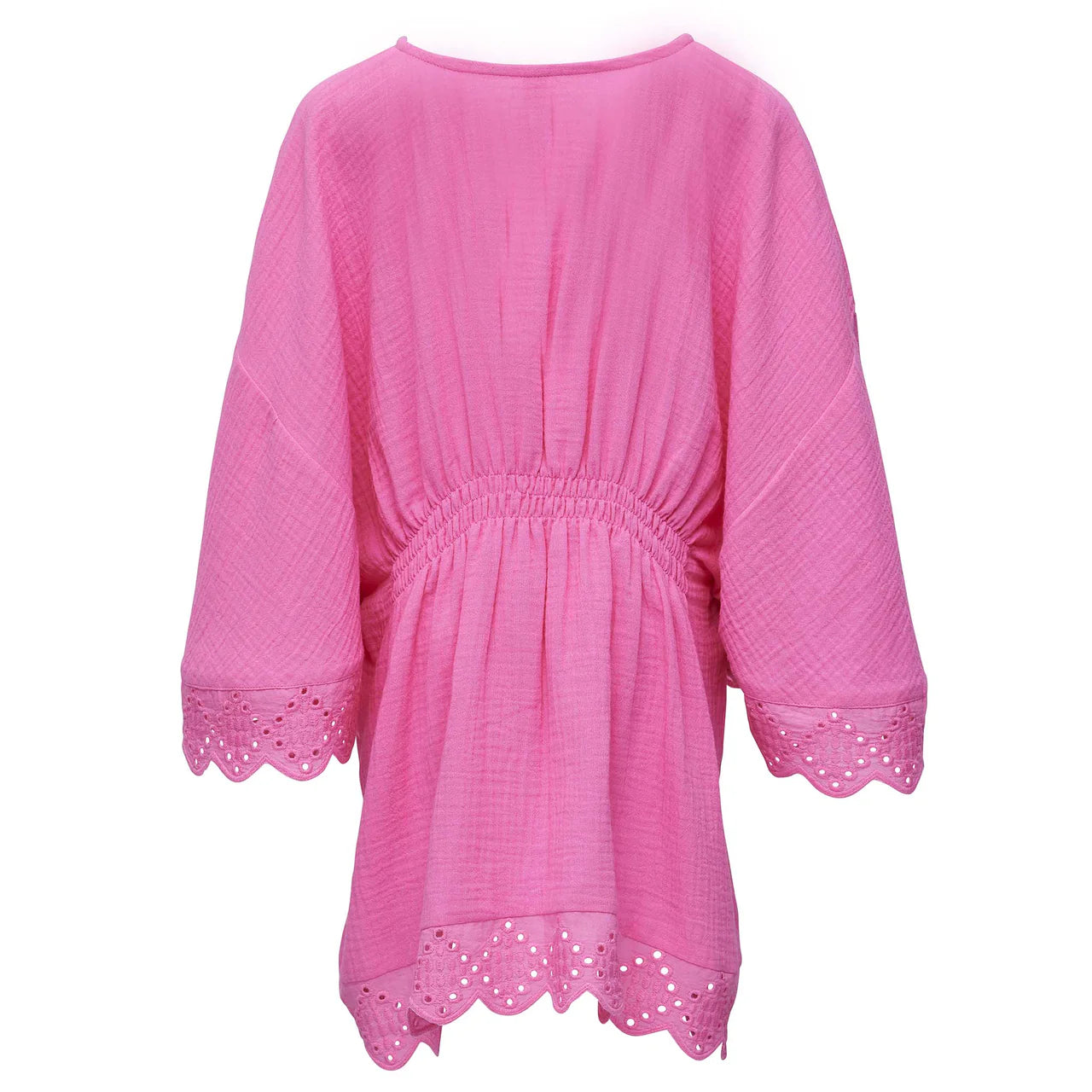 The Snapper Rock Bubble Gum Beach Cover Up by Snapper Rock is a pink tunic made from a flowy fabric, featuring wide sleeves, a gathered waist, and elegant scalloped eyelet trim.