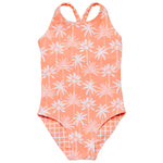 The Snapper Rock Girls' Cali Palms Recycled X Back Swimsuit features a coral design with white palm trees and stylish crisscross back straps.