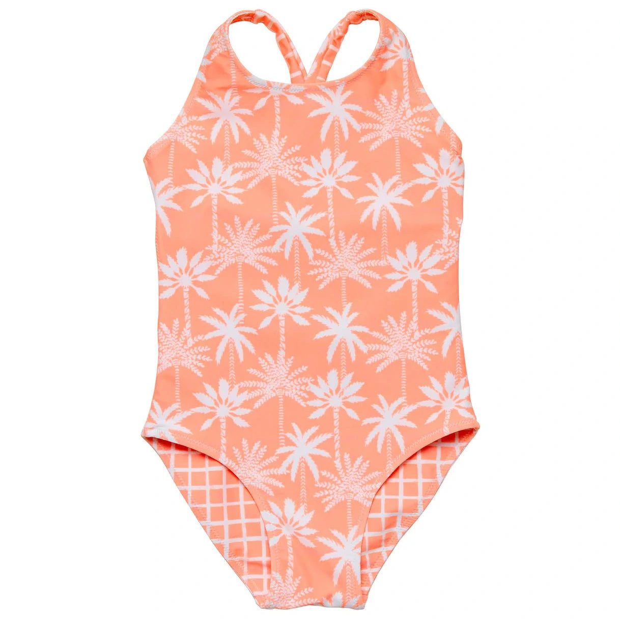 The Snapper Rock Girls' Cali Palms Recycled X Back Swimsuit features a coral design with white palm trees and stylish crisscross back straps.