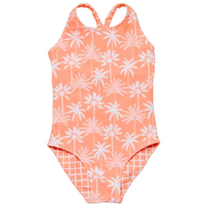 The Snapper Rock Girls' Cali Palms Recycled X Back Swimsuit features a coral design with white palm trees and stylish crisscross back straps.