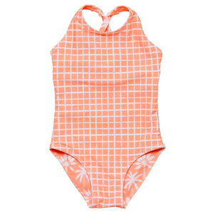 The Snapper Rock Girls' Cali Palms Recycled X Back Swimsuit is a sleeveless orange and white checkered one-piece for kids, featuring a knotted racerback and subtle palm tree patterns at the bottom.
