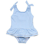 The Snapper Rock Baby Girls' Seaside Gingham Skirt Swimsuit features blue and white gingham, shoulder tie straps, a ruffled skirt, and snap buttons at the bottom for easy dressing.