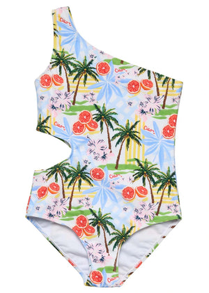 The Girls' Ciao Paradiso One Shoulder Swimsuit by Snapper Rock features a side cutout and colorful Italian-inspired print with palm trees, citrus fruit, and "Ciao" text on pastel stripes.