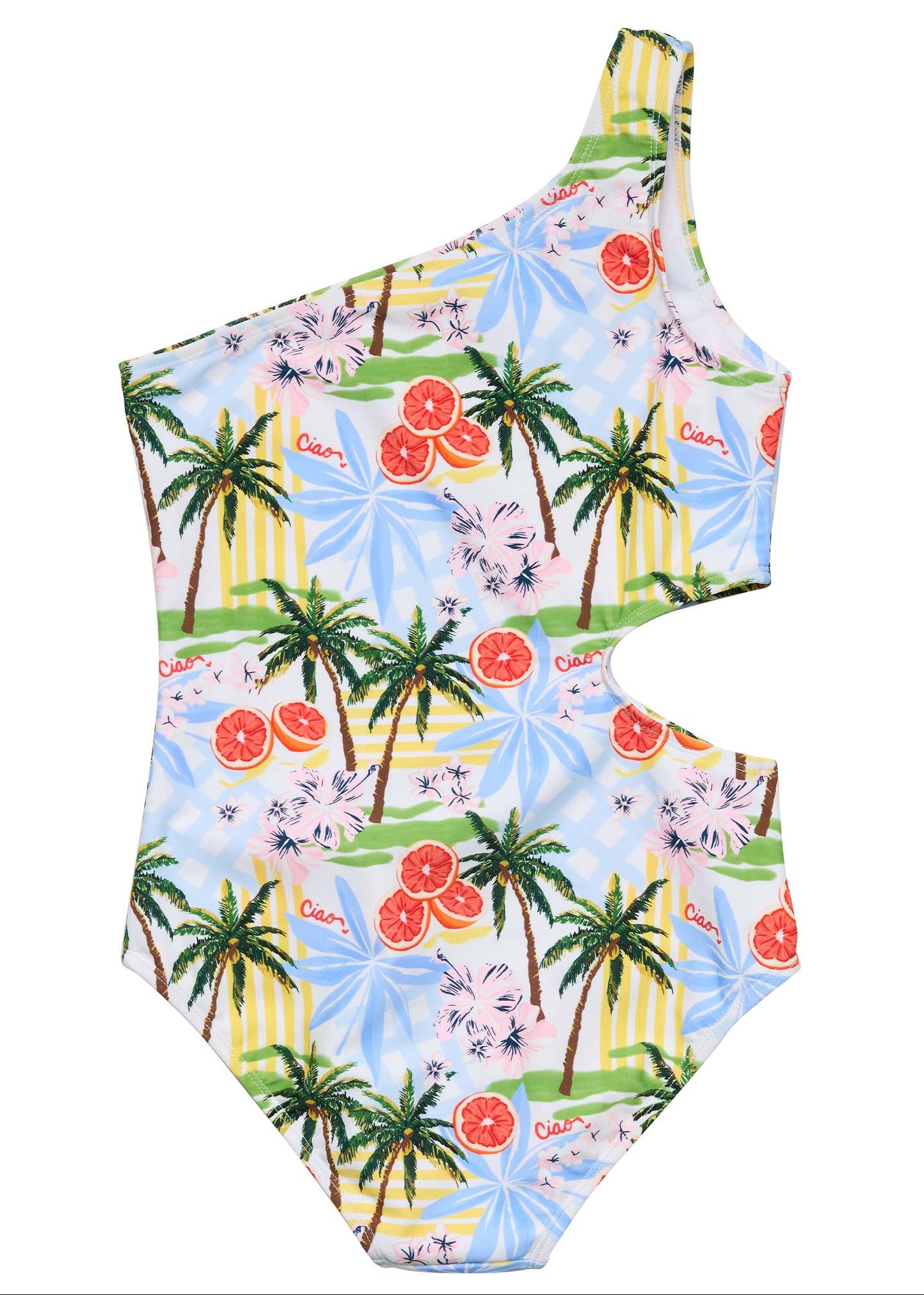 The Snapper Rock Girls' Ciao Paradiso One Shoulder Swimsuit features a tropical Italian print with palm trees, orange slices, blue bows, and "Ciao" on a pastel background.