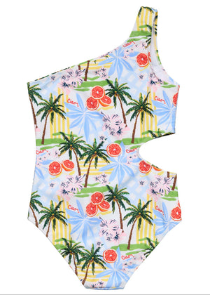 The Snapper Rock Girls' Ciao Paradiso One Shoulder Swimsuit features a tropical Italian print with palm trees, orange slices, blue bows, and "Ciao" on a pastel background.