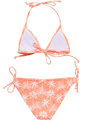 The Snapper Rock Girls' Cali Palms Teen Recycled Triangle Bikini features an orange palm print, triangle top with tie straps, and matching side-tie bottoms, laid flat on a white background.