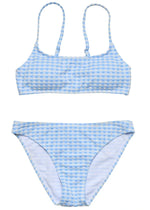 The Snapper Rock Girls' Seaside Gingham Teen Crop Bikini features a blue and white gingham pattern, a scoop neck crop top with adjustable straps, and matching bikini bottoms.