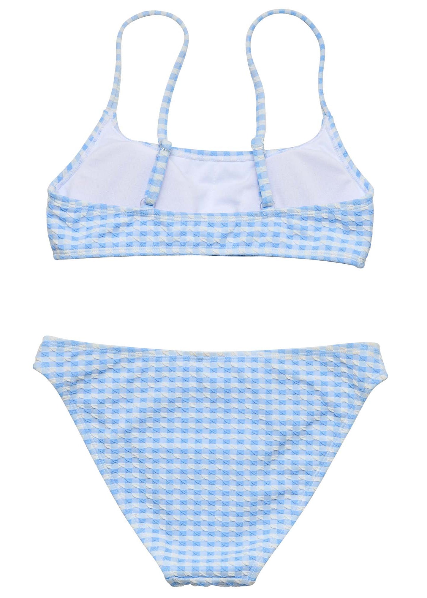 The Snapper Rock Girls' Seaside Gingham Teen Crop Bikini is a two-piece with a light blue and white checkered pattern, adjustable shoulder straps, and high-waisted bottoms.