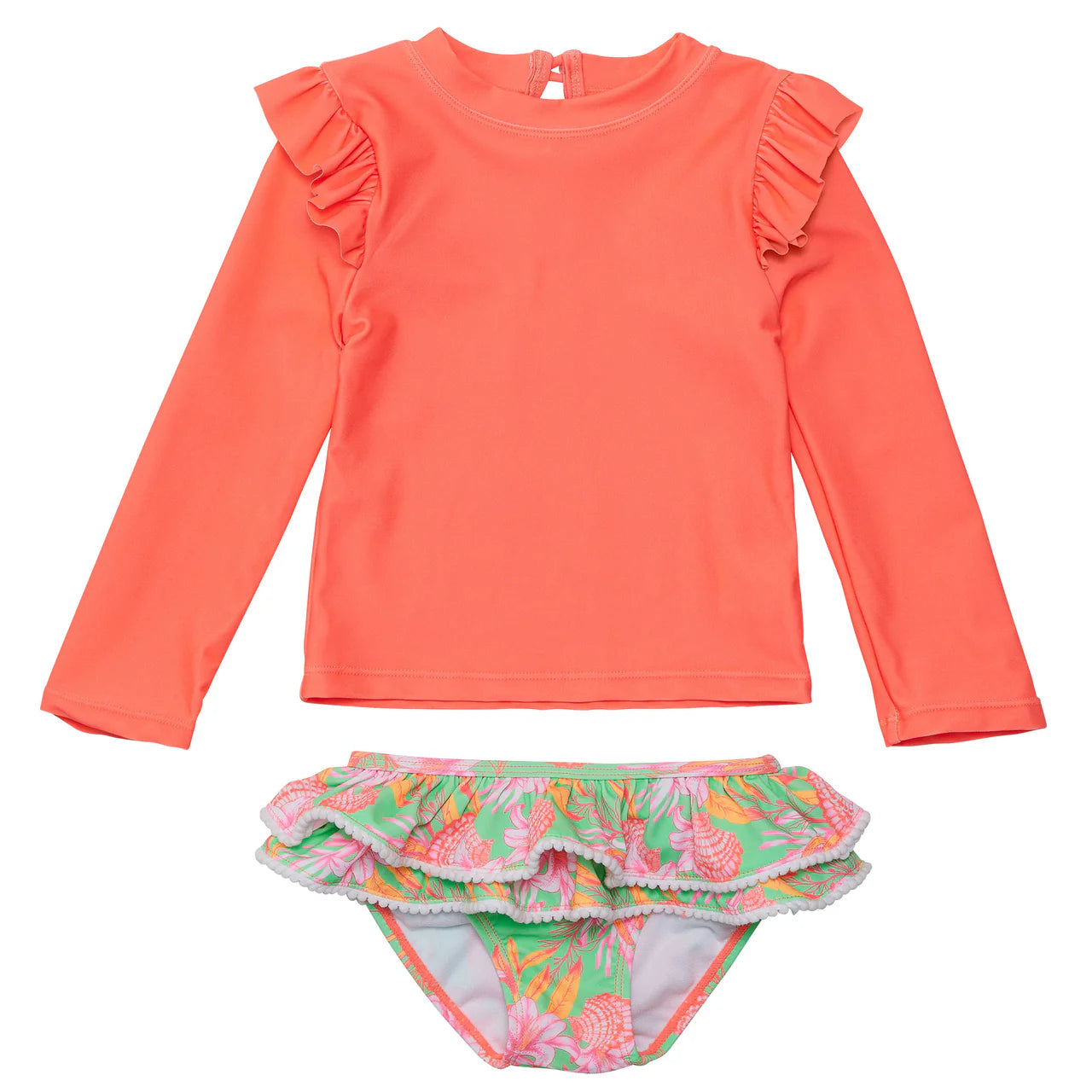 The Snapper Rock Coastal Shells Sustainable Ruffle Set, by Snapper Rock, features a vibrant orange rash guard top with long sleeves and ruffled shoulders, paired with floral-printed bikini bottoms accented with charming ruffled trims.