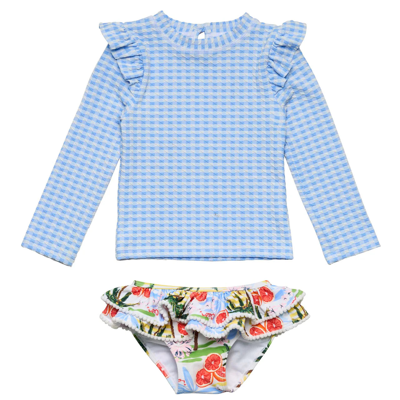The Snapper Rock Baby Girls' Ciao Paradiso Ruffle Set is a two-piece swimsuit with a blue and white long-sleeve UPF50+ top and floral ruffled fruit-print bottoms, all made from recycled fabric.