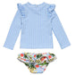 The Snapper Rock Baby Girls' Ciao Paradiso Ruffle Set features a blue and white checkered long-sleeve top with ruffled shoulders and fruit-palm bikini bottoms, all crafted from recycled fabric.