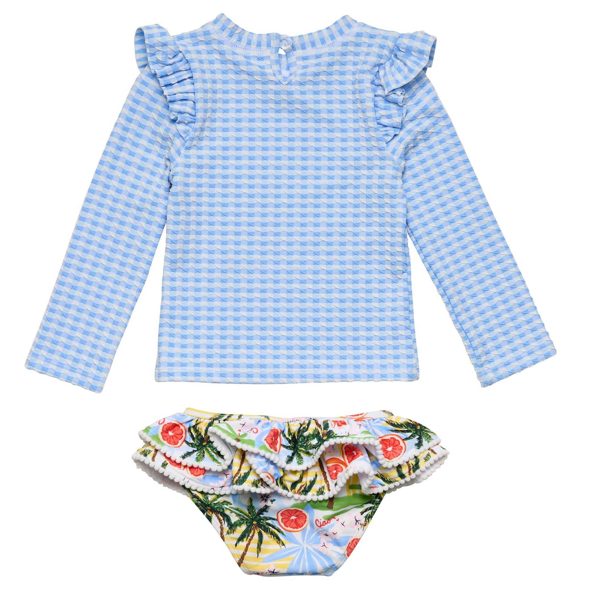 The Snapper Rock Baby Girls' Ciao Paradiso Ruffle Set features a blue and white checkered long-sleeve top with ruffled shoulders and fruit-palm bikini bottoms, all crafted from recycled fabric.