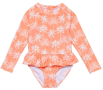 The Snapper Rock Baby Girls' Cali Palms Recycled Skirt Surf Suit features a peach color, white palm tree print, ruffled waist, and snap buttons at the crotch.
