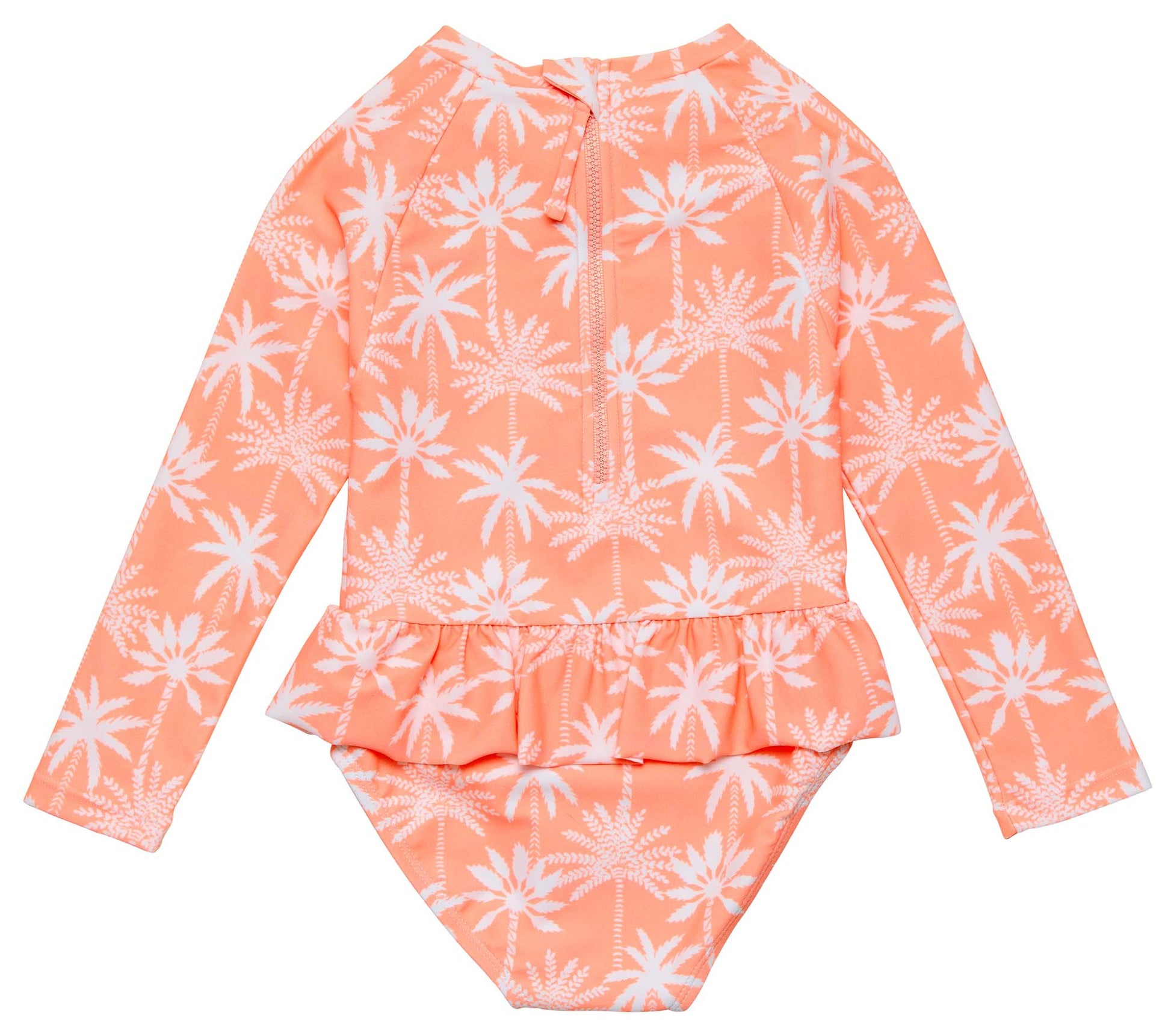 The Snapper Rock Baby Girls' Cali Palms Recycled Skirt Surf Suit is a peach, long-sleeve swimsuit with white palm trees, ruffle skirt, and back zipper—ideal for sunny adventures.