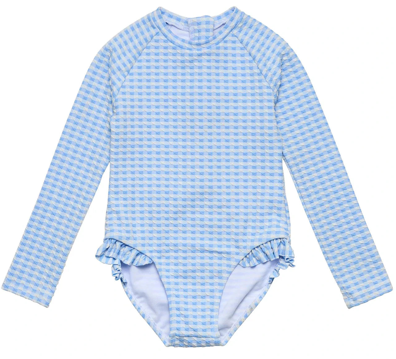 The Girls' Seaside Gingham Leg Frill Surf Suit by Snapper Rock is a long-sleeve one-piece with light blue and white checks, leg ruffles, and UPF50+ sun protection.