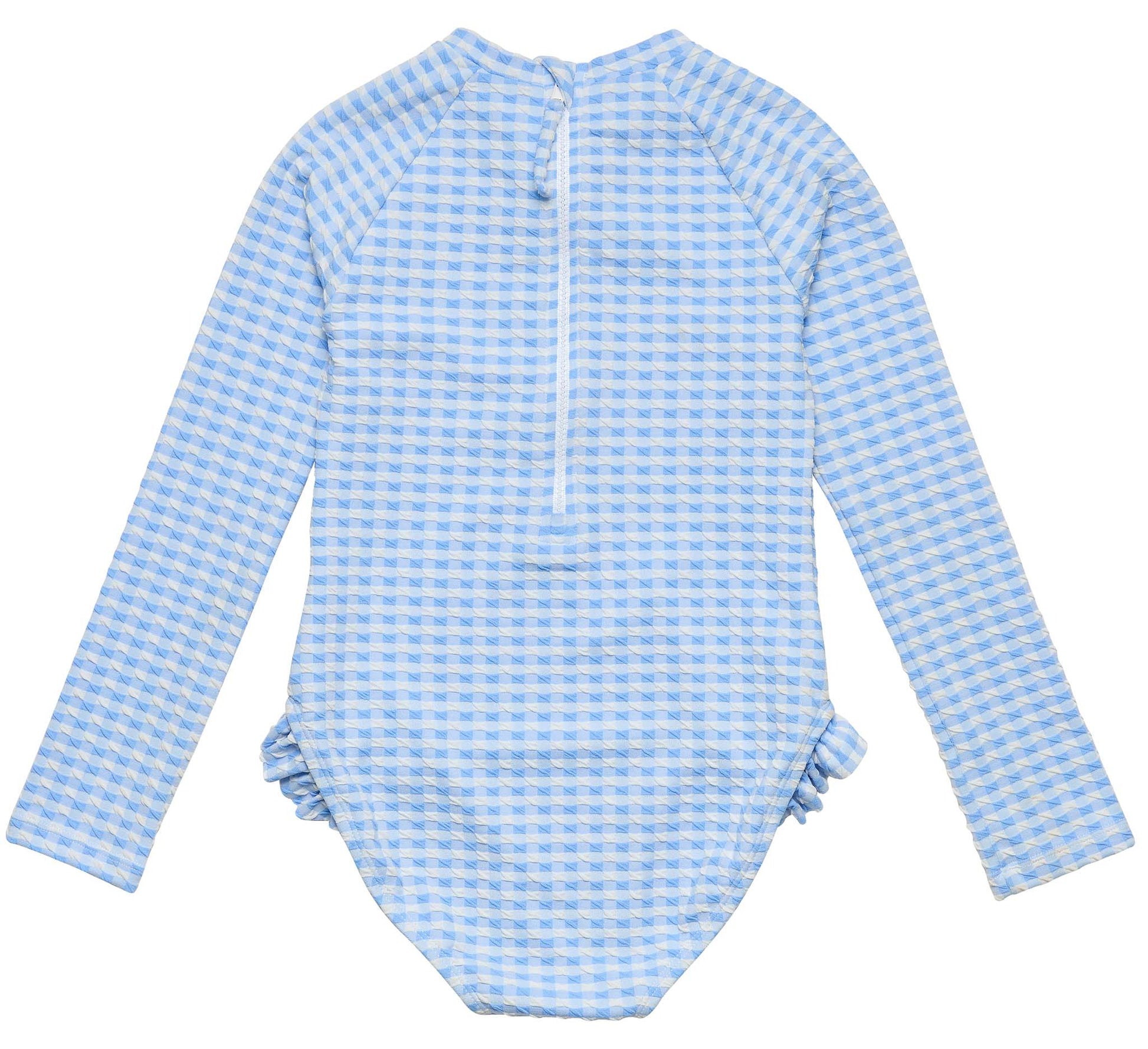 The Snapper Rock Girls' Seaside Gingham Leg Frill Surf Suit is a blue and white long-sleeve one-piece with UPF50+ protection, ruffle hip details, and a back zipper.