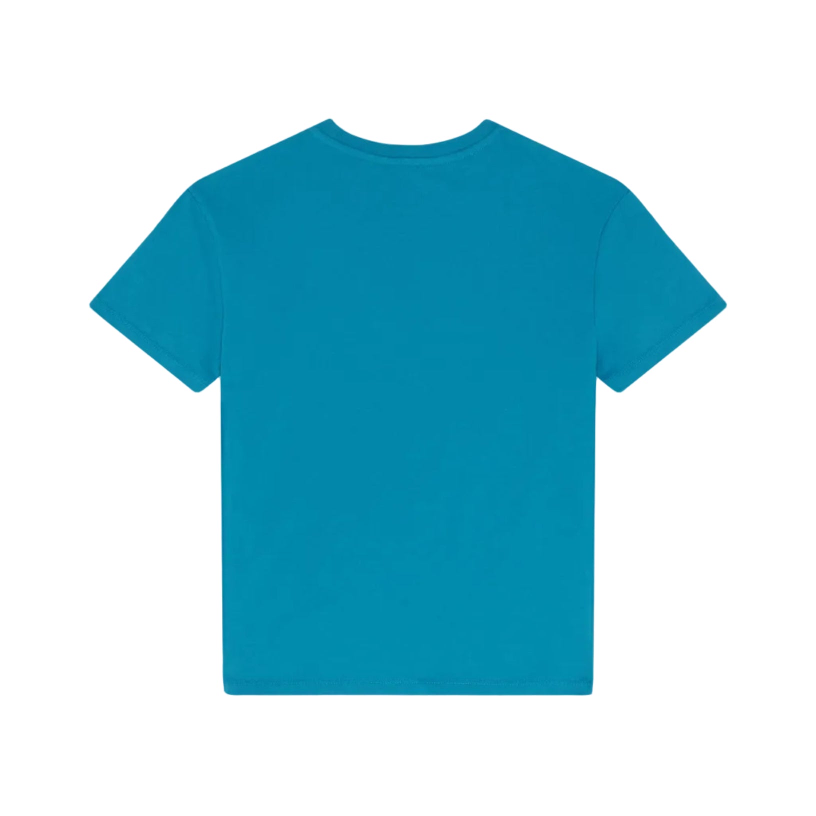 The Vilebrequin Boys' Big Turtle Chain Tee, a solid blue organic cotton t-shirt, is shown laid flat with the back side facing up.