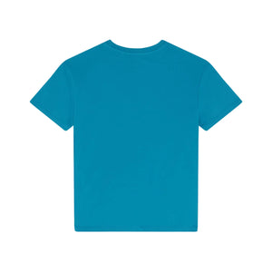 The Vilebrequin Boys' Big Turtle Chain Tee, a solid blue organic cotton t-shirt, is shown laid flat with the back side facing up.