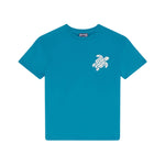 The Boys' Big Turtle Chain Tee by Vilebrequin is a blue organic cotton t-shirt with a small white turtle graphic on the left chest, shown against a plain white background.