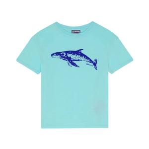 The Boys' Whale Tee by Vilebrequin is an ultra-soft light blue T-shirt featuring a dark blue whale graphic across the chest.