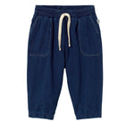 Baby Galo Denim Pants by Cozmo, crafted from dark blue herringbone twill denim, feature an elastic waistband, front pockets, and a white drawstring, displayed on a plain white background.