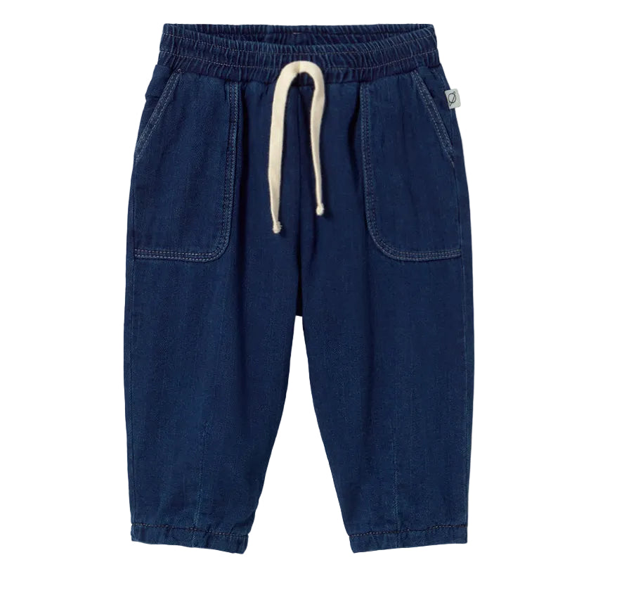 Baby Galo Denim Pants by Cozmo, crafted from dark blue herringbone twill denim, feature an elastic waistband, front pockets, and a white drawstring, displayed on a plain white background.