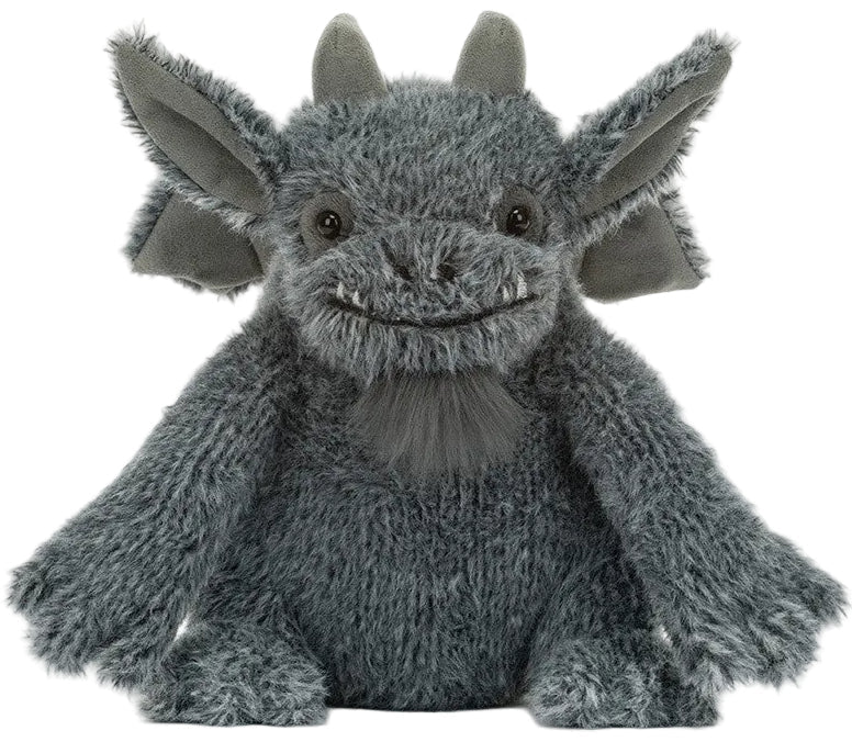 The Jellycat Growlston Gargoyle plush toy features a gray design with large ears, two horns, round eyes, and a smiling face. It is shown sitting upright against a white background.