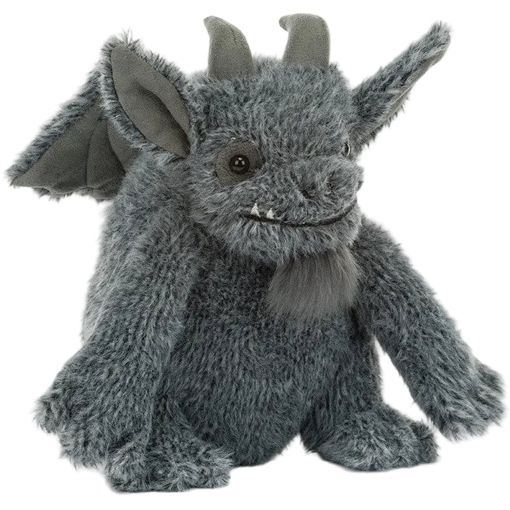 Meet the Jellycat Growlston Gargoyle—a plush toy with wings, horns, pointed ears, a furry beard, and a friendly expression in soft gray.