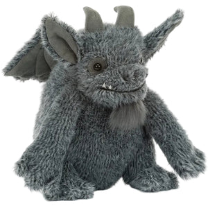 Meet the Jellycat Growlston Gargoyle—a plush toy with wings, horns, pointed ears, a furry beard, and a friendly expression in soft gray.