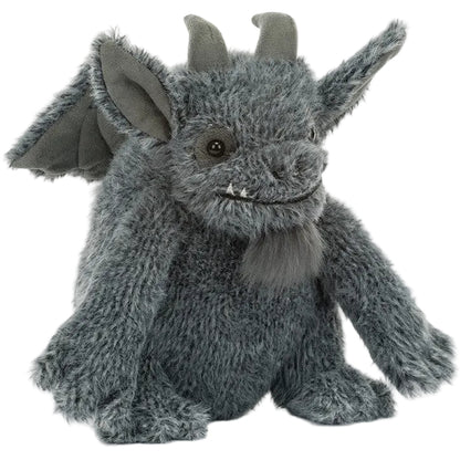 Meet the Jellycat Growlston Gargoyle—a plush toy with wings, horns, pointed ears, a furry beard, and a friendly expression in soft gray.