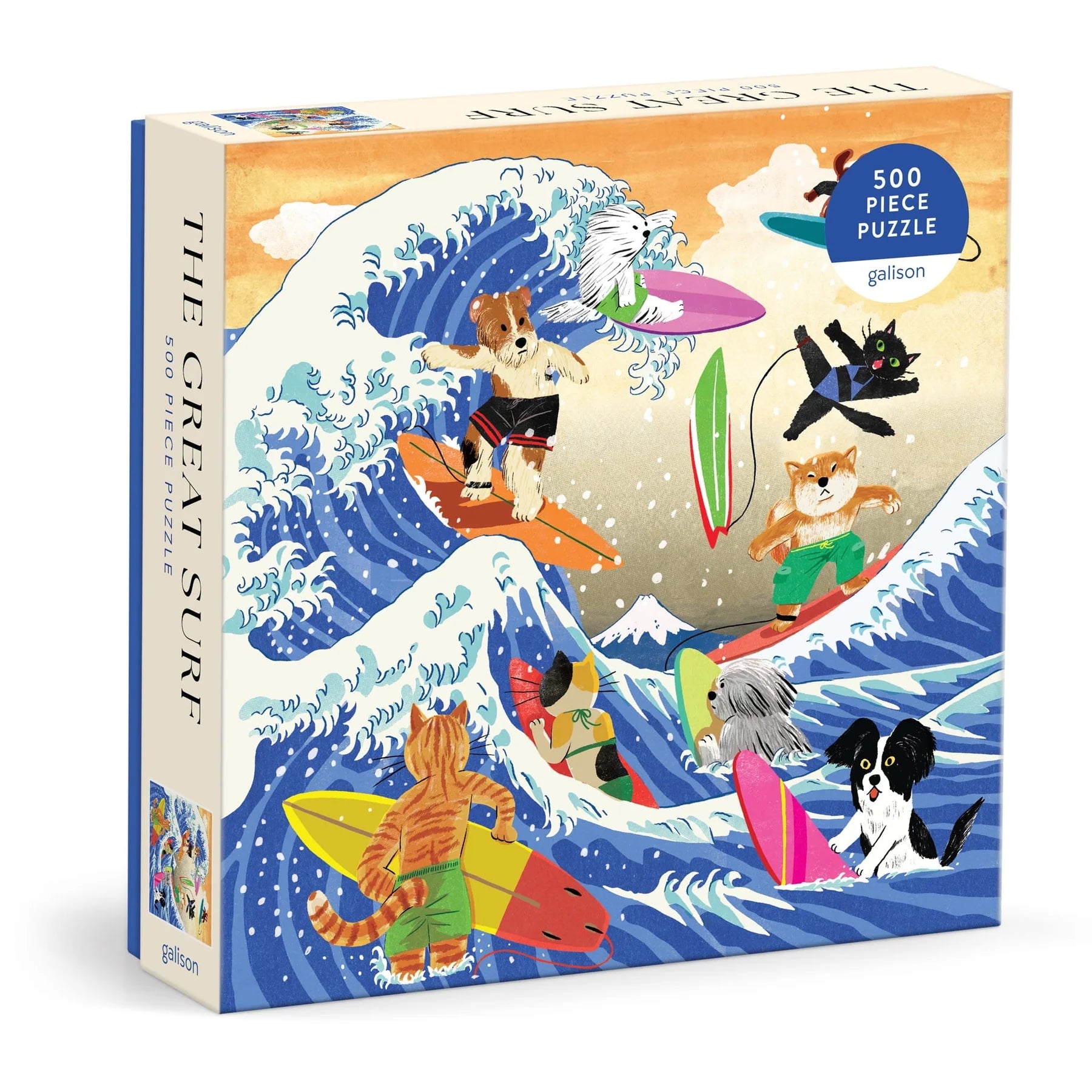 The Great Surf Puzzle by Chronicle Books is a 500-piece aquatic adventure puzzle featuring illustrated dogs and cats surfing on colorful boards in a large wave.