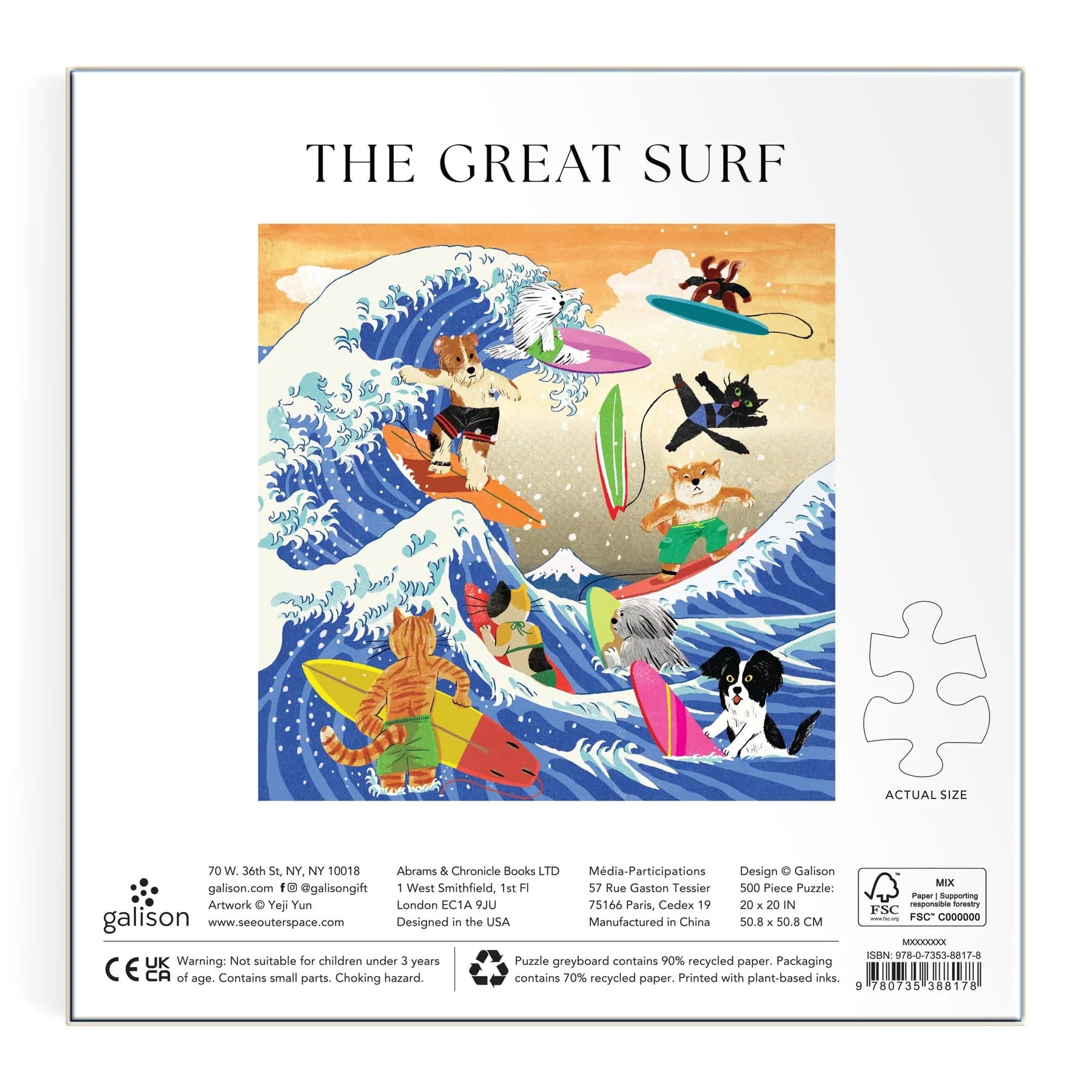 Illustration of several dogs surfing on colorful surfboards in a large blue wave, set against a bright sky with birds in the background. The Great Surf Puzzle by Chronicle Books captures this vibrant aquatic adventure, showcasing the excitement of surfing animals, with both puzzle piece count and brand information clearly visible.