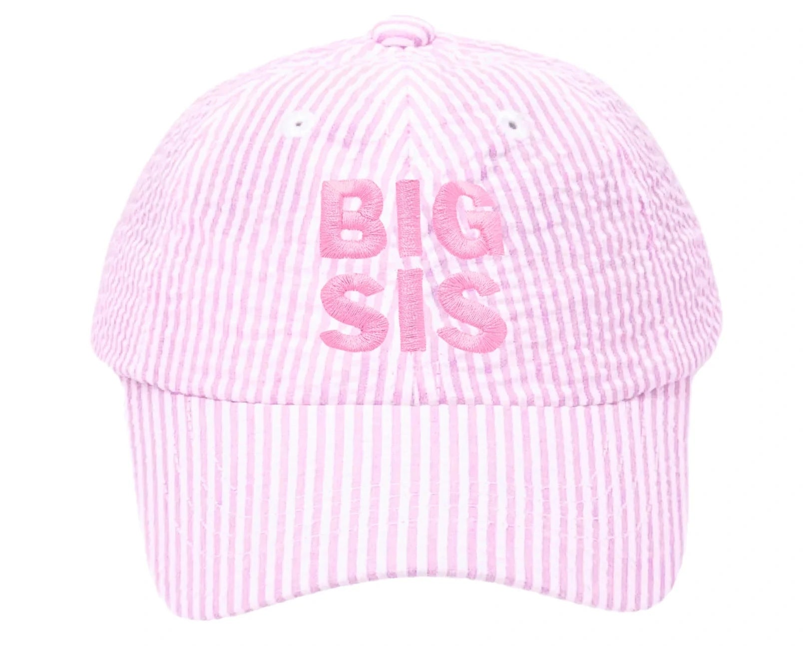The Bits & Bows Big Sis Bow Baseball Hat features pink and white seersucker fabric with "BIG SIS" embroidered in pink—making it a charming gift for any big sister.