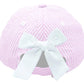 The Bits & Bows Big Sis Bow Baseball Hat features pink and white seersucker stripes and a large white bow—perfect as a big sister gift or to celebrate a new Big Sis.