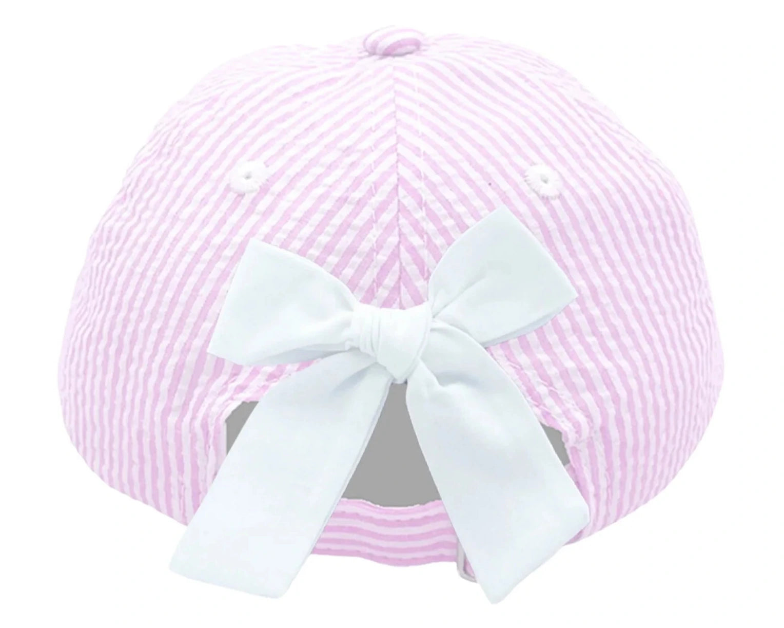 The Bits & Bows Big Sis Bow Baseball Hat features pink and white seersucker stripes and a large white bow—perfect as a big sister gift or to celebrate a new Big Sis.