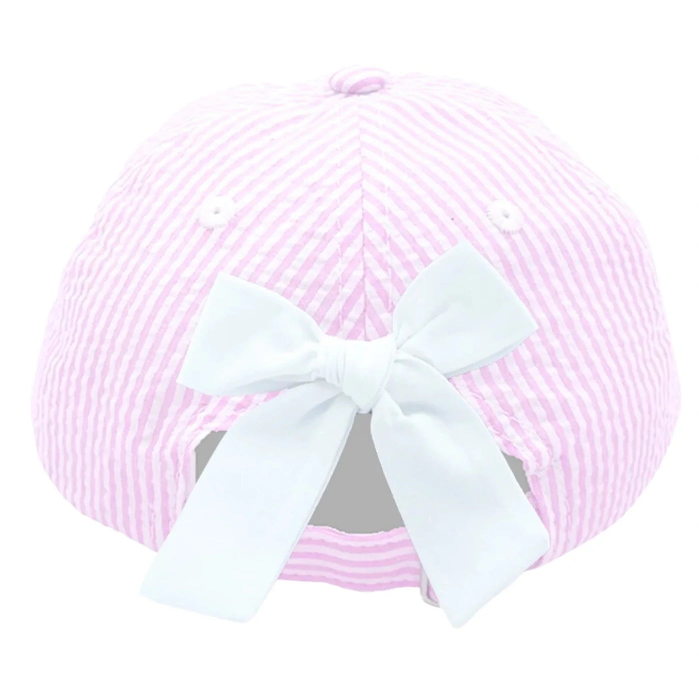 The Lil Sis Bow Baseball Hat by Bits & Bows features pink and white striped seersucker fabric and a large white bow attached at the back.