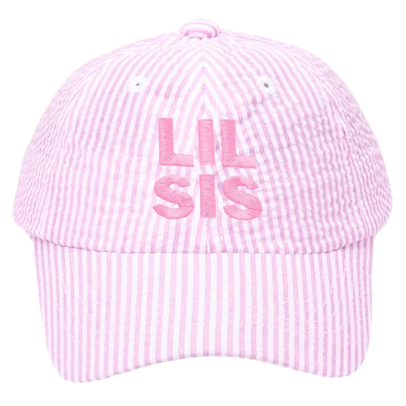 The Lil Sis Bow Baseball Hat by Bits & Bows features pink and white stripes, "LIL SIS" embroidery on the front, and a cute seersucker bow—perfect for adding charm to any little sister’s outfit.